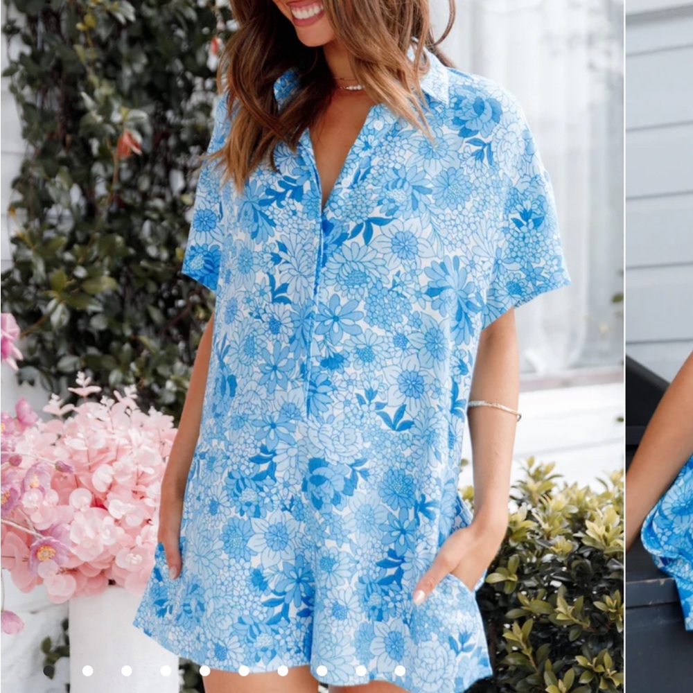 NWT Petal & Pup Emily Button Through Romper Blue Floral Sz: L